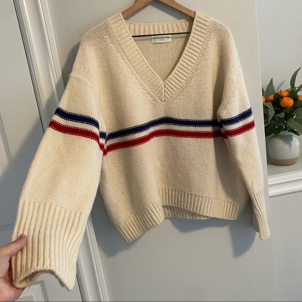 TOMORROWLAND Cream Blue Red Striped Wool V Neck Sweater Small - Picture 15 of 16